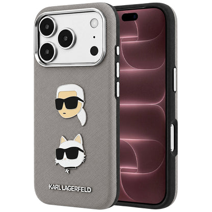 Etui do Apple iPhone 18 Pro Max / 17 Pro Max, Karl Lagerfeld, Saffiano z przypinką z głowami Karla i Choupette oraz logo, szary