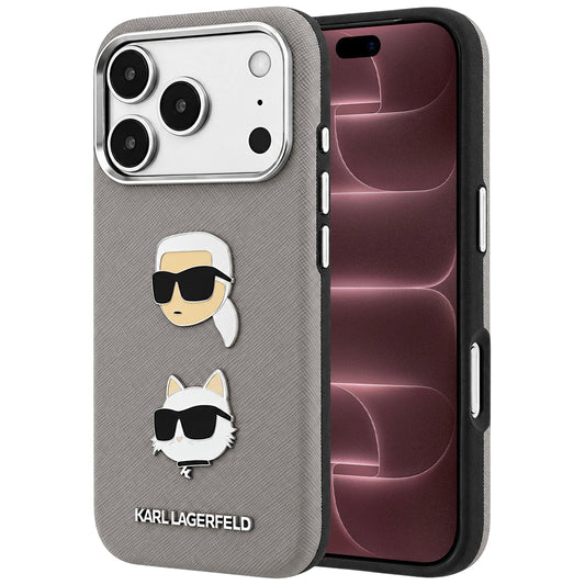 Etui do Apple iPhone 18 Pro Max / 17 Pro Max, Karl Lagerfeld, Saffiano z przypinką z głowami Karla i Choupette oraz logo, szary