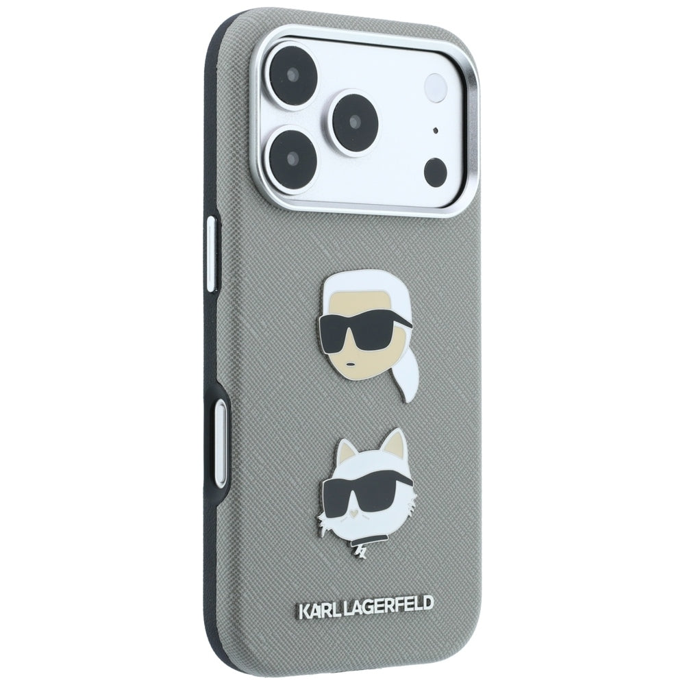 Etui do Apple iPhone 18 Pro Max / 17 Pro Max, Karl Lagerfeld, Saffiano z przypinką z głowami Karla i Choupette oraz logo, szary