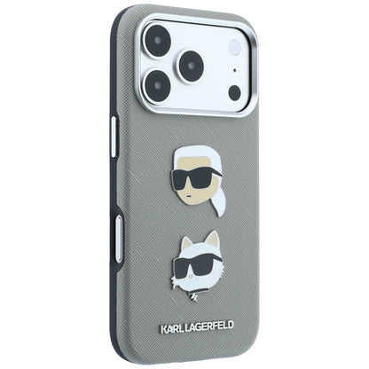 Etui do Apple iPhone 18 Pro Max / 17 Pro Max, Karl Lagerfeld, Saffiano z przypinką z głowami Karla i Choupette oraz logo, szary