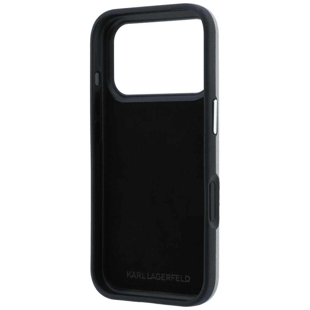 Etui do Apple iPhone 18 Pro Max / 17 Pro Max, Karl Lagerfeld, Saffiano z przypinką z głowami Karla i Choupette oraz logo, szary