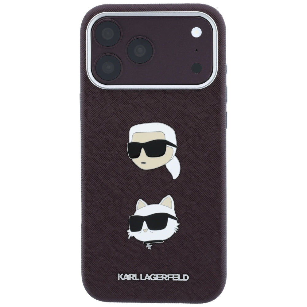 Etui na Apple iPhone 18 Pro Max / 17 Pro Max, Karl Lagerfeld, Saffiano z przypinką i logo głowy Karla & Choupette, wiśniowe