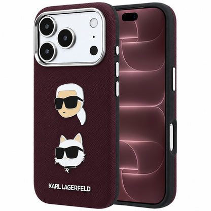 Etui na Apple iPhone 18 Pro Max / 17 Pro Max, Karl Lagerfeld, Saffiano z przypinką i logo głowy Karla & Choupette, wiśniowe