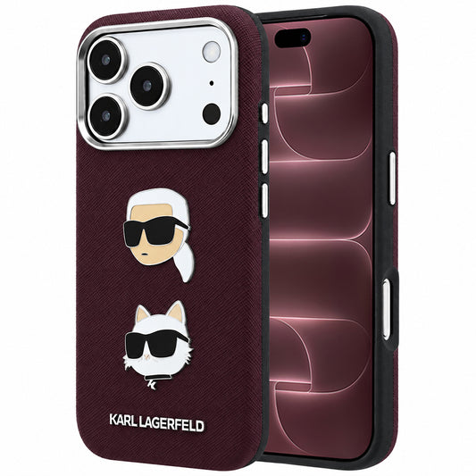 Etui na Apple iPhone 18 Pro Max / 17 Pro Max, Karl Lagerfeld, Saffiano z przypinką i logo głowy Karla & Choupette, wiśniowe