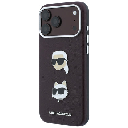 Etui na Apple iPhone 18 Pro Max / 17 Pro Max, Karl Lagerfeld, Saffiano z przypinką i logo głowy Karla & Choupette, wiśniowe