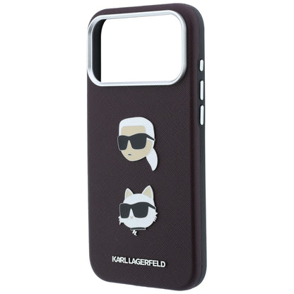 Etui na Apple iPhone 18 Pro Max / 17 Pro Max, Karl Lagerfeld, Saffiano z przypinką i logo głowy Karla & Choupette, wiśniowe
