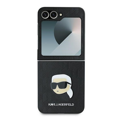 Etui do Samsung Galaxy Z Flip7 FE F761 / Z Flip6 F741, Karl Lagerfeld, Saffiano Monogram Karl's Head Metal, Czarne