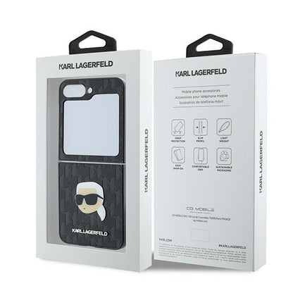 Etui do Samsung Galaxy Z Flip7 FE F761 / Z Flip6 F741, Karl Lagerfeld, Saffiano Monogram Karl's Head Metal, Czarne
