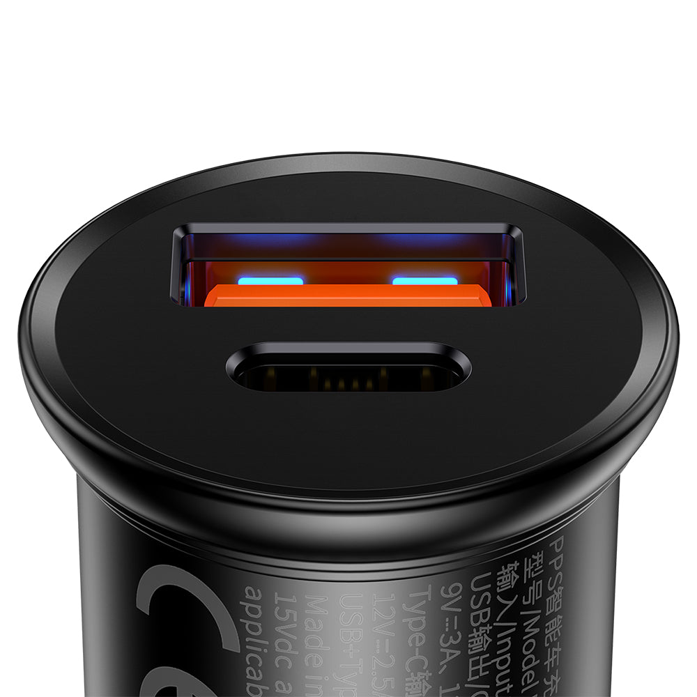 Ładowarka samochodowa Baseus Circular Metal, 30W, 5A, 1 x USB-A - 1 x USB-C, Czarna