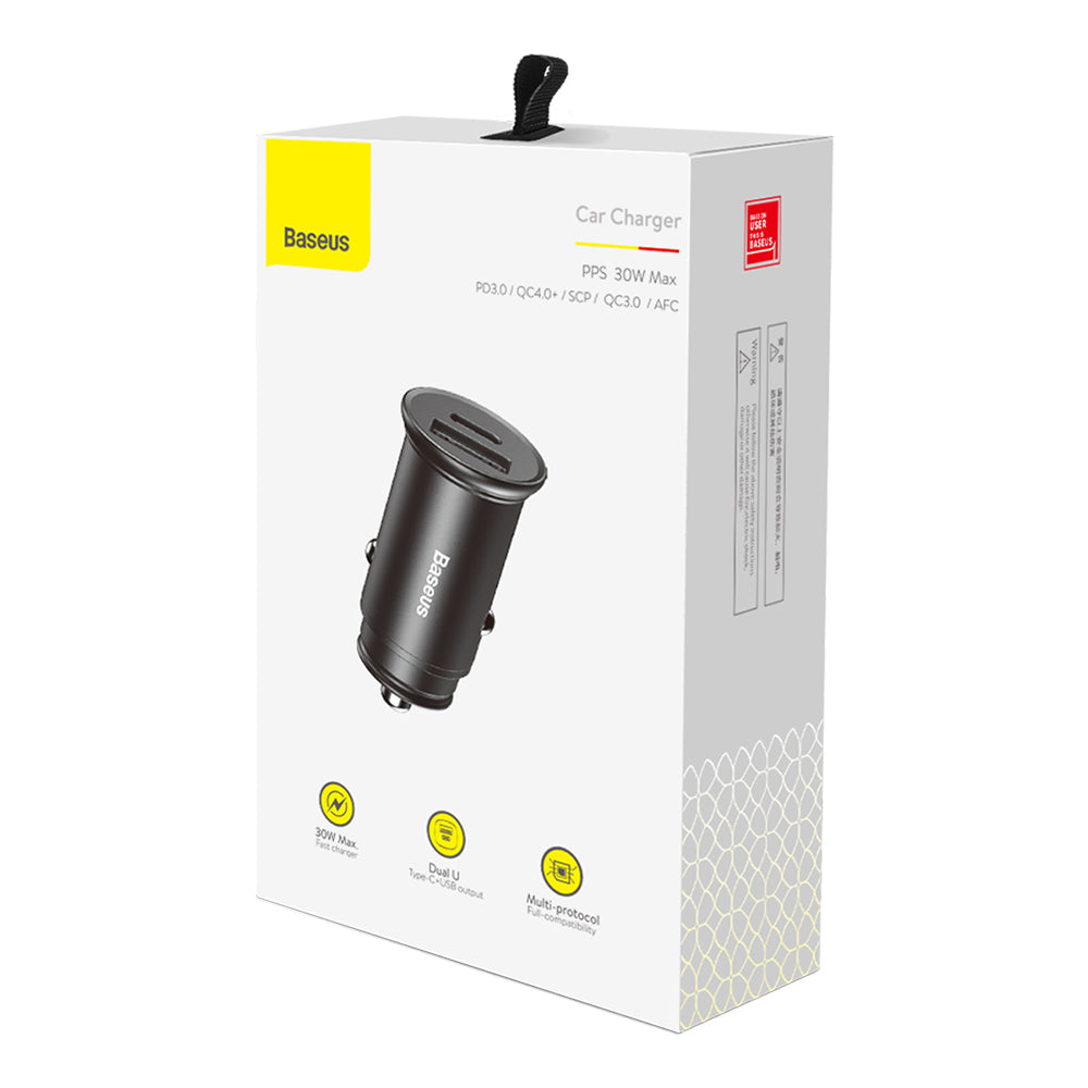 Ładowarka samochodowa Baseus Circular Metal, 30W, 5A, 1 x USB-A - 1 x USB-C, Czarna
