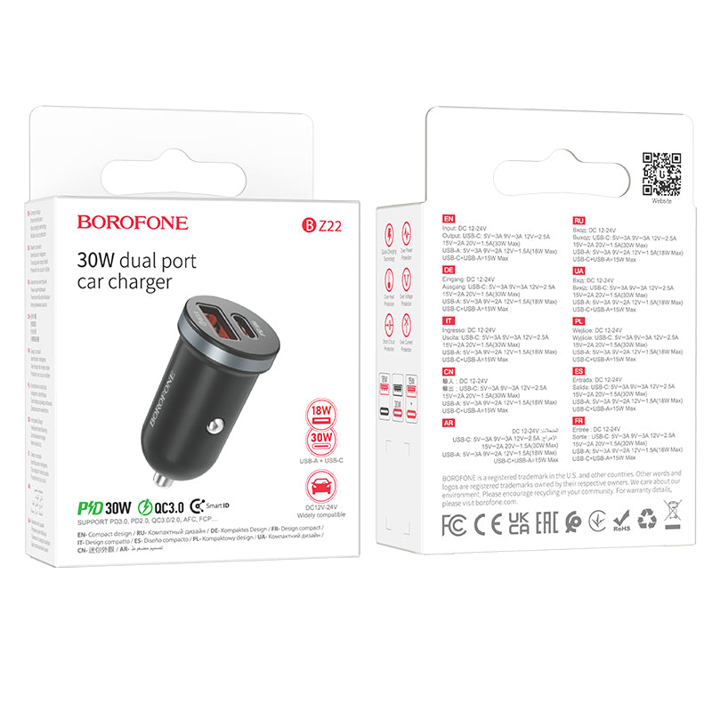 Ładowarka samochodowa Borofone BZ22 Scenery, 30W, 3A, 1 x USB-A - 1 x USB-C, czarna 