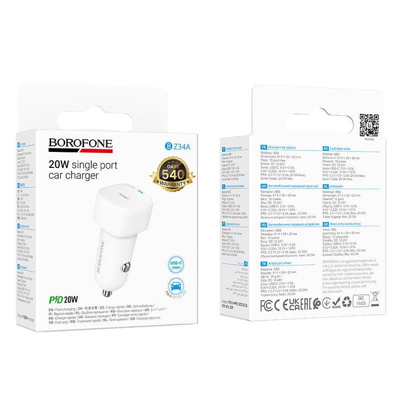 Ładowarka samochodowa Borofone BZ34A Cloud, 20W, 3A, 1 x USB-C, Biała