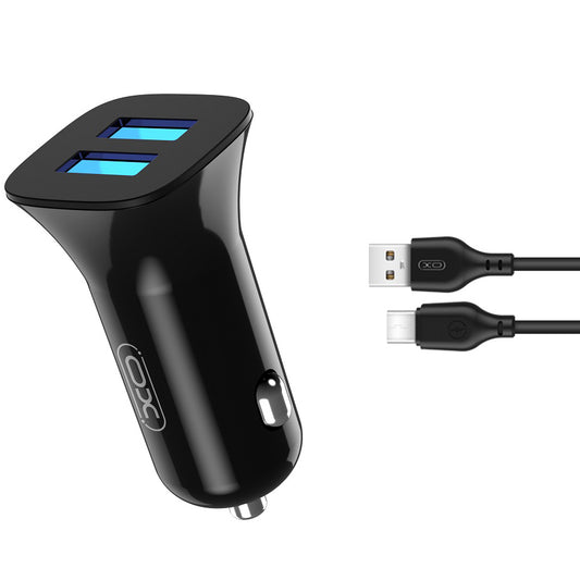 Ładowarka samochodowa z kablem USB-C XO Design TZ10, 12 W, 2,4 A, 2 x USB-A, czarna 