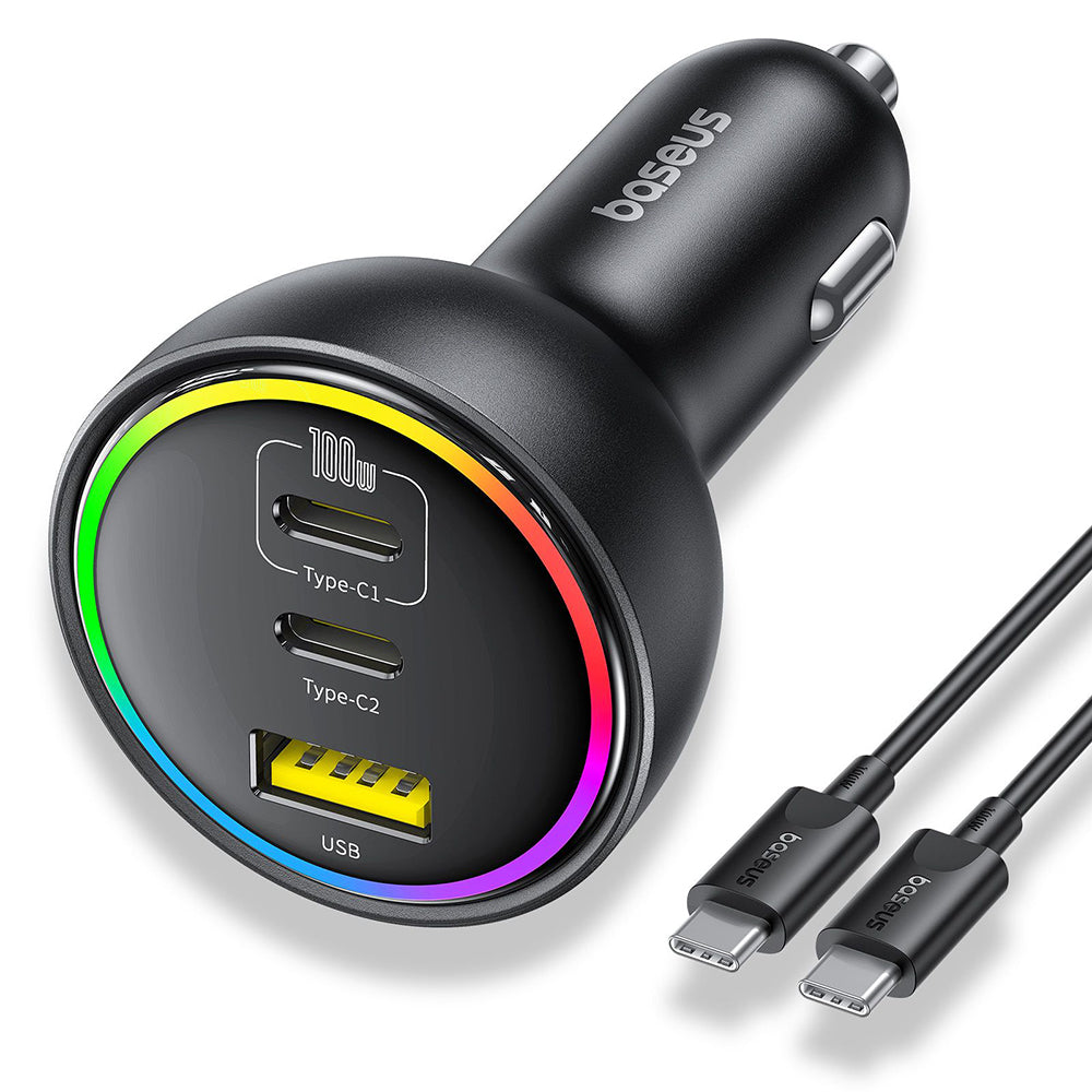 Ładowarka samochodowa z kablem USB-C Baseus, 152.5W, 5A, 1 x USB-A - 2 x USB-C, Czarna C00036101111-00
