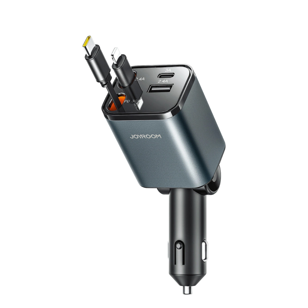 Ładowarka samochodowa z kablem USB-C / Lightning Joyroom JR-CCL05, 30W, 3A, 1 x USB-A - 1 x USB-C, Szara