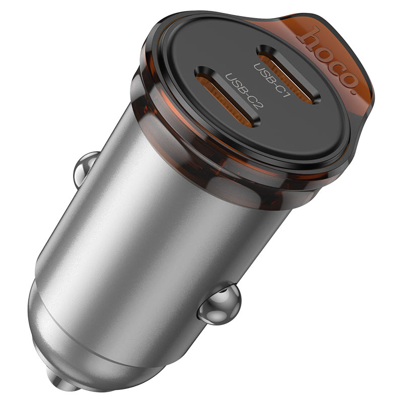 Ładowarka samochodowa z kablem Lightning HOCO NZ16B, 45W, 3A, 2 x USB-C, Szara