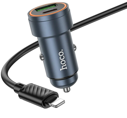 Ładowarka samochodowa z kablem Lightning HOCO Z57A, 30W, 3A, 1 x USB-A - 1 x USB-C, Szara