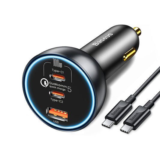 Ładowarka samochodowa z kablem USB-C Baseus Qualcomm, 160 W, 3 A, 1 x USB-A - 2 x USB-C, szara TZCCZZM-0G