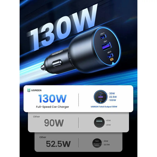 Ładowarka samochodowa z kablem USB-C UGREEN CD293, 130W, 5A, 1 x USB-A - 2 x USB-C, czarna