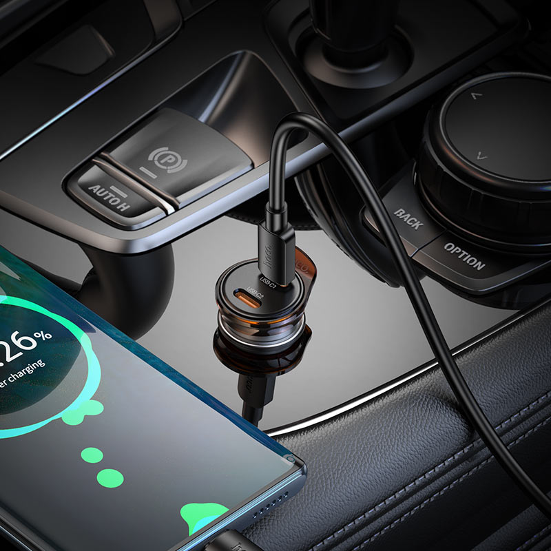 Ładowarka samochodowa z kablem Lightning HOCO NZ16B, 45W, 3A, 2 x USB-C, Szara