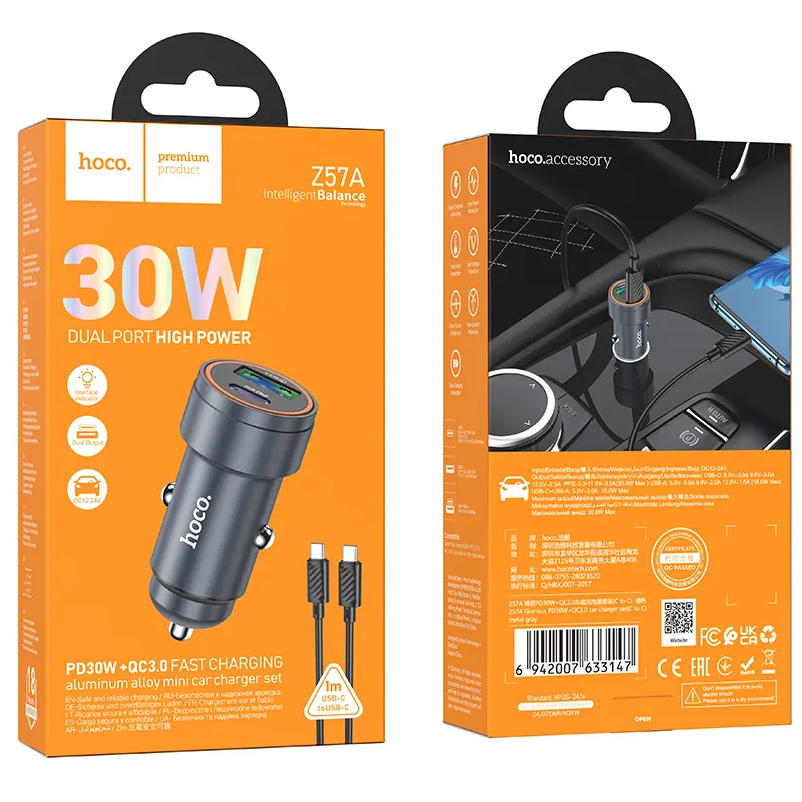 Ładowarka samochodowa z kablem USB-C HOCO Z57A, 30W, 3A, 1 x USB-A - 1 x USB-C, Szara
