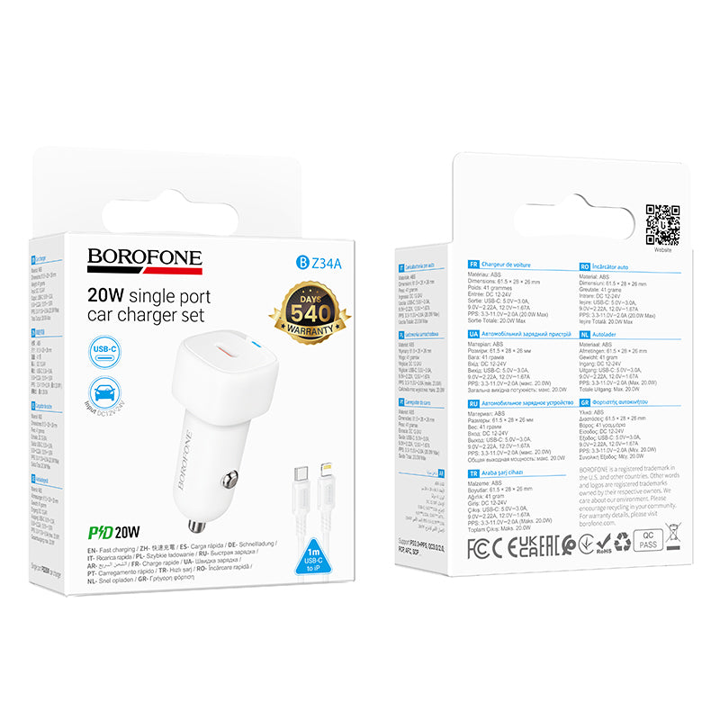 Ładowarka samochodowa z kablem Lightning Borofone BZ34B Cloud, 20W, 3A, 1 x USB-A - 1 x USB-C, Biała