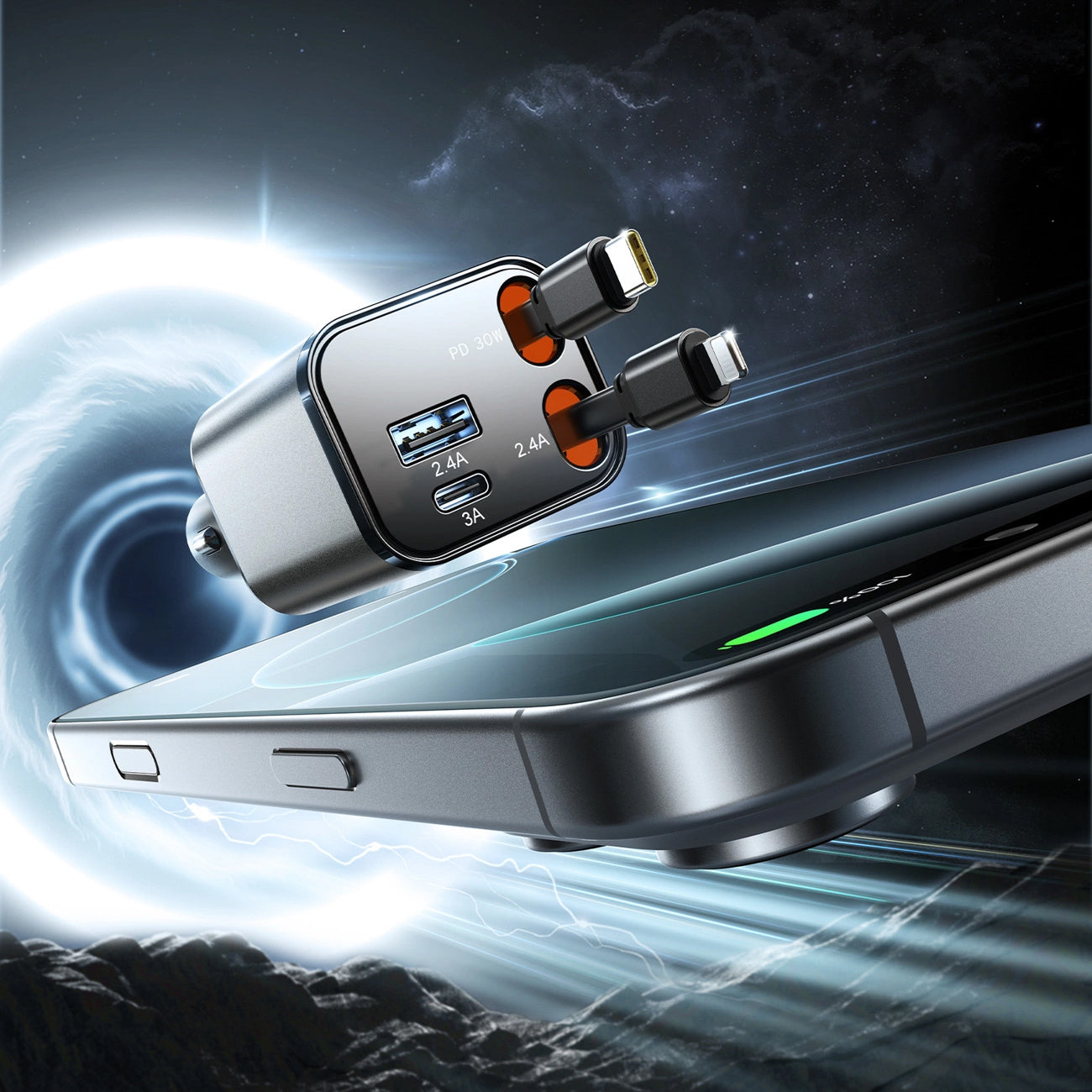 Ładowarka samochodowa z kablem USB-C / Lightning Joyroom JR-CCL05, 30W, 3A, 1 x USB-A - 1 x USB-C, Szara