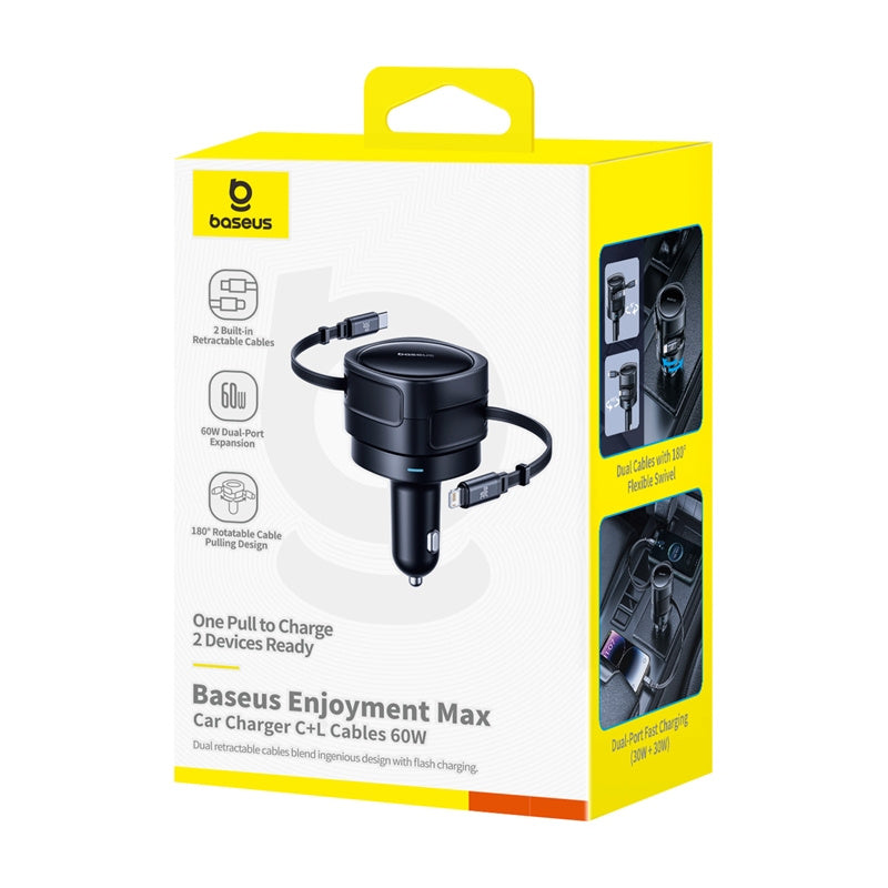 Ładowarka samochodowa z kablem USB-C / Lightning Baseus Enjoyment Max, 60W, 3A, Czarna C00035507121-00