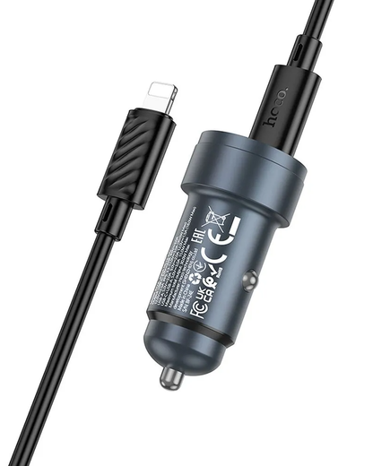 Ładowarka samochodowa z kablem Lightning HOCO Z57A, 30W, 3A, 1 x USB-A - 1 x USB-C, Szara
