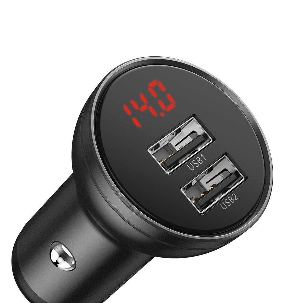 Ładowarka samochodowa z kablem Lightning - microUSB - USB-C Baseus z wyświetlaczem cyfrowym, 24 W, 2,4 A, 2 x USB-A, szara TZCCBX-0G