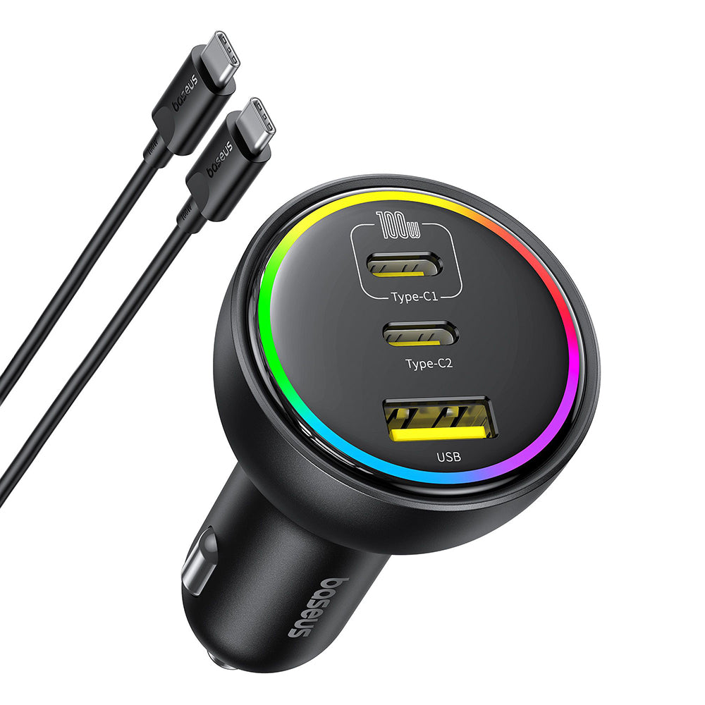 Ładowarka samochodowa z kablem USB-C Baseus, 152.5W, 5A, 1 x USB-A - 2 x USB-C, Czarna C00036101111-00
