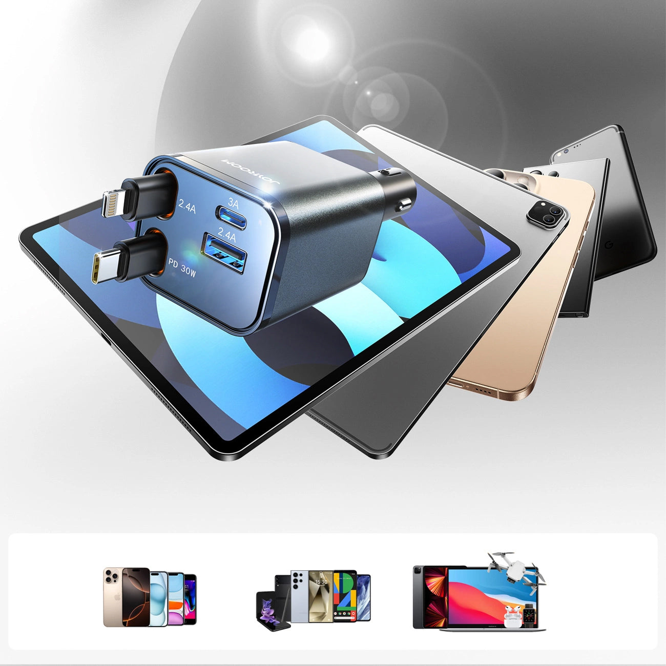 Ładowarka samochodowa z kablem USB-C / Lightning Joyroom JR-CCL05, 30W, 3A, 1 x USB-A - 1 x USB-C, Szara