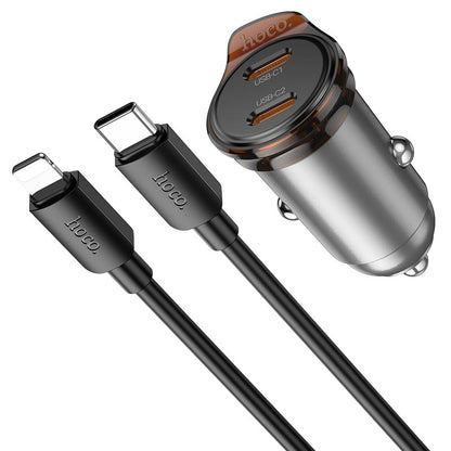 Ładowarka samochodowa z kablem Lightning HOCO NZ16B, 45W, 3A, 2 x USB-C, Szara