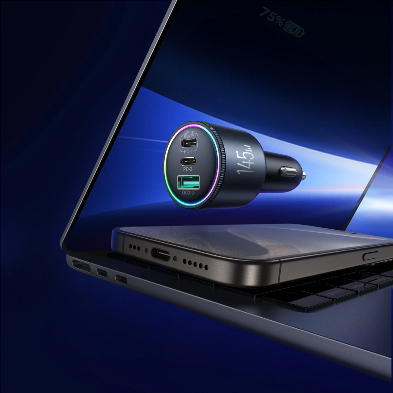 Joyroom JR-CCN07 Car Charger with USB-C Cable, 145W, 5A, 1 x USB-A - 2 x USB-C, Gray