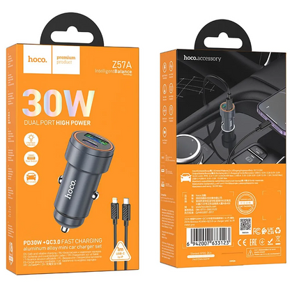 Ładowarka samochodowa z kablem Lightning HOCO Z57A, 30W, 3A, 1 x USB-A - 1 x USB-C, Szara