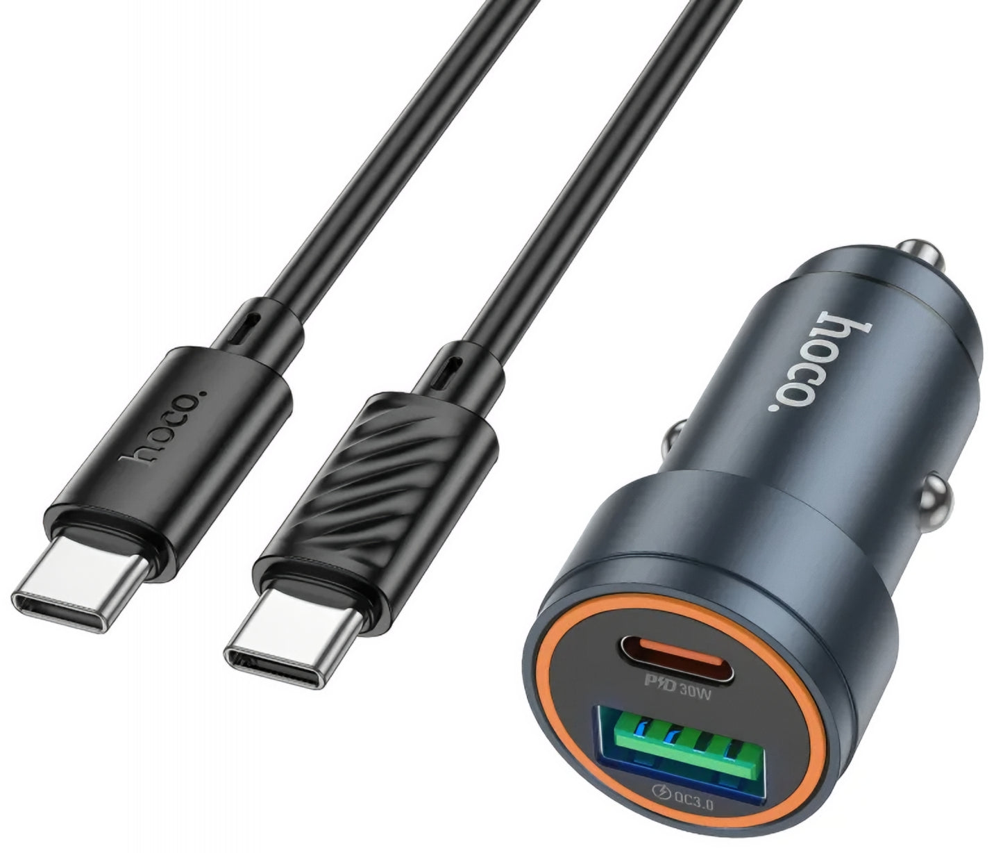 Ładowarka samochodowa z kablem USB-C HOCO Z57A, 30W, 3A, 1 x USB-A - 1 x USB-C, Szara
