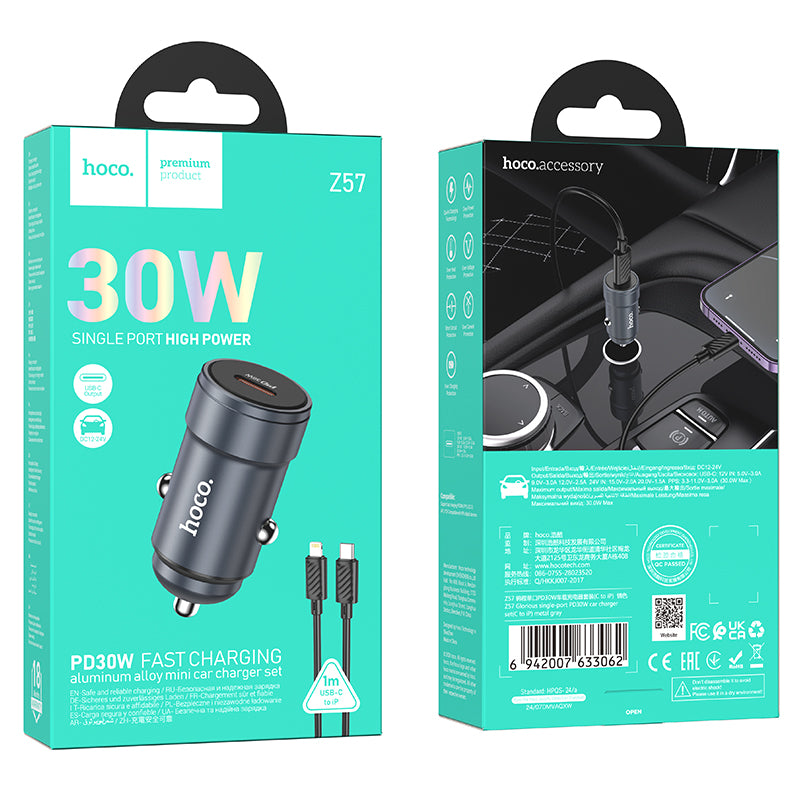 Ładowarka samochodowa z kablem Lightning HOCO Z57, 30W, 3A, 1 x USB-C, Szara