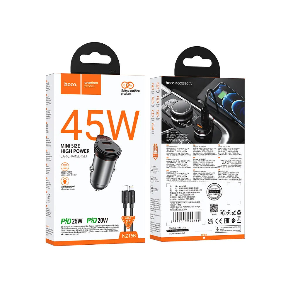Ładowarka samochodowa z kablem Lightning HOCO NZ16B, 45W, 3A, 2 x USB-C, Szara