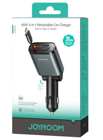 Ładowarka samochodowa z kablem USB-C Joyroom JR-CCL07, 30W, 3A, 1 x USB-A - 1 x USB-C, Szara