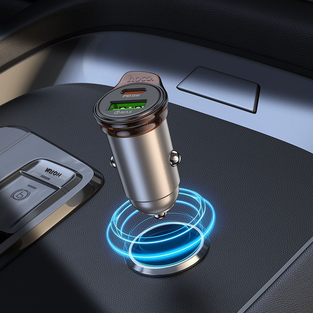 Ładowarka samochodowa z kablem USB-C HOCO NZ16A, 43W, 3A, 1 x USB-A - 1 x USB-C, Szara