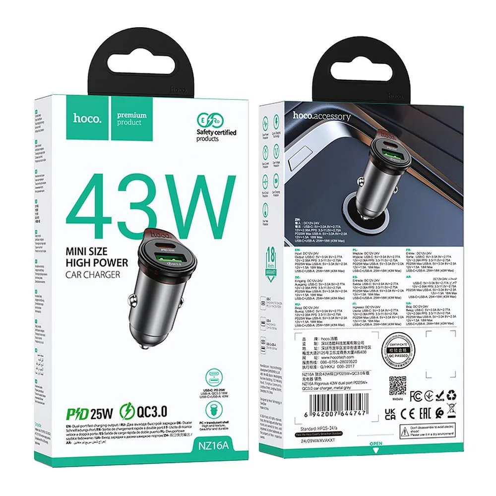 Ładowarka samochodowa z kablem USB-C HOCO NZ16A, 43W, 3A, 1 x USB-A - 1 x USB-C, Szara