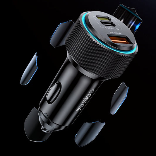 Ładowarka samochodowa z kablem Lightning Yesido Y60, 38W, 3A, 1 x USB-A - 2 x USB-C, Czarna