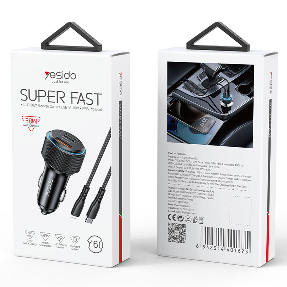 Ładowarka samochodowa z kablem Lightning Yesido Y60, 38W, 3A, 1 x USB-A - 2 x USB-C, Czarna