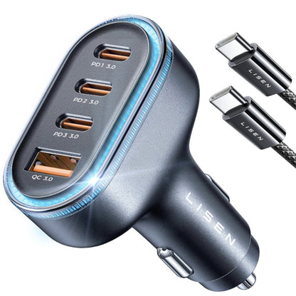 Ładowarka samochodowa z kablem USB-C Lisen, 101W, 3.25A, 1 x USB-A - 3 x USB-C, Czarna YL0223120021