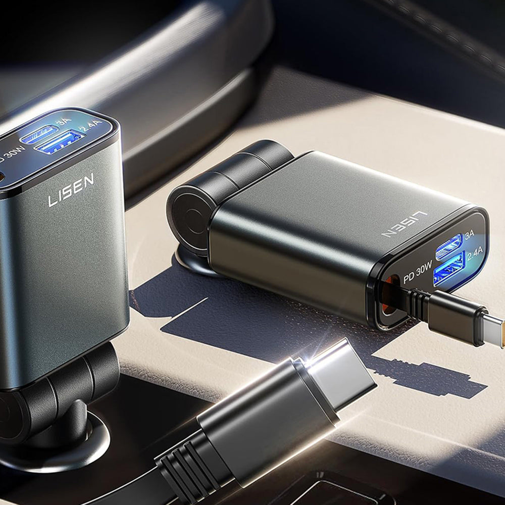 Ładowarka samochodowa z kablem USB-C Lisen, 57W, 3A, 1 x USB-A - 1 x USB-C, Czarna YL0325010016