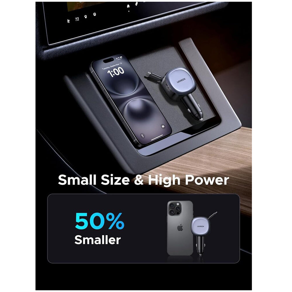 Ładowarka samochodowa z kablem USB-C UGREEN EC601, 75W, 3A, 1 x USB-A - 1 x USB-C, Szara