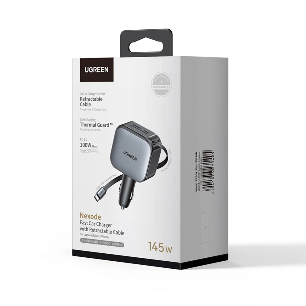 UGREEN EC604 (55910B) Nexode Car Charger with USB-C Cable, 145W, 1 x USB-A - 2 x USB-C, Black