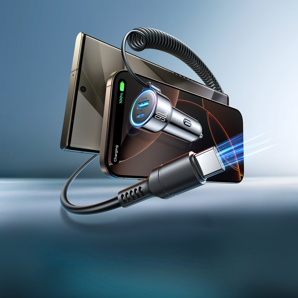 Ładowarka samochodowa z kablem USB-C Joyroom JR-CL07, 90W, 3A, 1 x USB-A - 1 x USB-C, Czarna