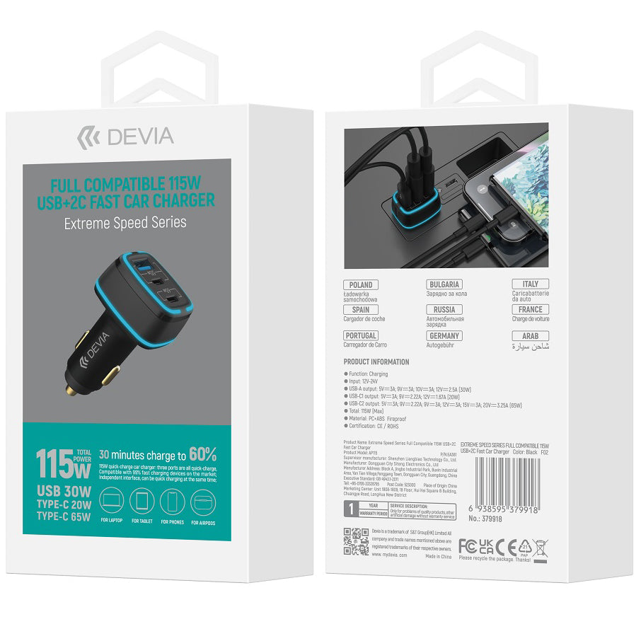 Ładowarka samochodowa DEVIA Extreme, 115 W, 3 A, 1 x USB-A - 2 x USB-C, czarna 