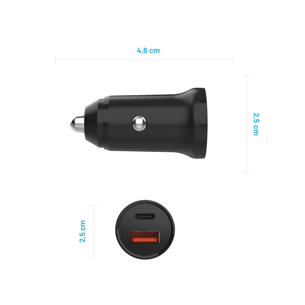 Ładowarka samochodowa Fixed, 20W, 3A, 1 x USB-A - 1 x USB-C, Czarna